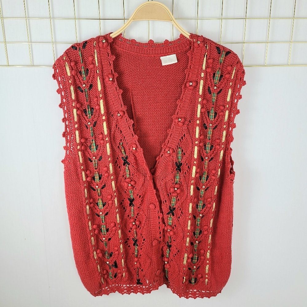 Vintage Holiday Festive Ribbon Gold Studded Ramie Cotton Cardigan Sweater